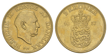 Дания 2 кроны 1957 C, Фредерик IX (1947-1972) KM 838 алюминиевая бронза 4653-1146