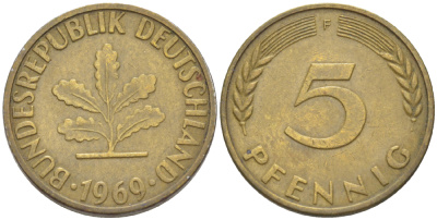ФРГ 5 ПФЕННИГОВ 1969 F KM 107, J. 382 сталь плакированная латунью 4181-922