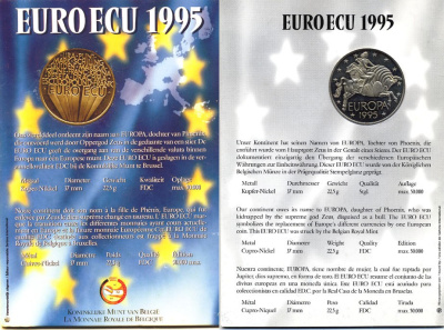 Бельгия 1 экю 1995 Похищение Европы, буклет  медно-никель UNC 7-6-1-38