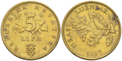 Хорватия 5 лип 1997 дуб, легенда на хорватском KM 5 сталь плакированная латунью 4549-167