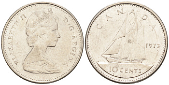 Канада 10 центов 1973 Елизавета II, парусник KM 77.1 никель    4147-346
