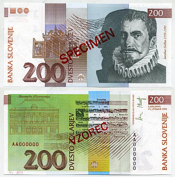 Словения 200 толаров 1992 Якоб Галлус, словенская филармония, Любляна, SPECIMEN, образец Pick 15 s бумага UNC (пресс) 451-367-3