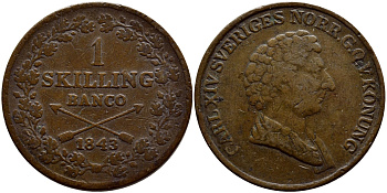 Швеция 1 скиллинг 1843 Карл XIV Юхан (1818-1844), Швеции KM 642 медь 1528-835