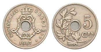 Бельгия 5 сантимов 1907 Belgie, Леопольд I (1865-1909) KM 55 медно-никель 4615-915