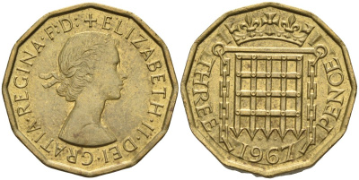 Великобритания 3 пенса 1967 Елизавета II (1952-2022) KM 900, Spink 4153 никель латунь 4126-333