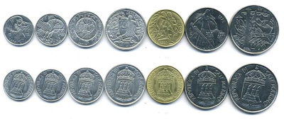 Сан-Марино годовой набор из 7 монет 1973 1, 2, 5, 10, 20, 50 и 100 лир KM 22-28 UNC N4-40