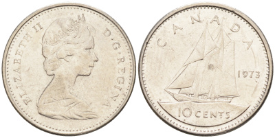 Канада 10 центов 1973 Елизавета II, парусник KM 77.1 никель    4147-346