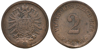 Германия 2 пфеннига 1876 C, старогербовка KM 2, Jager 2, Weege 3 медь 72-916
