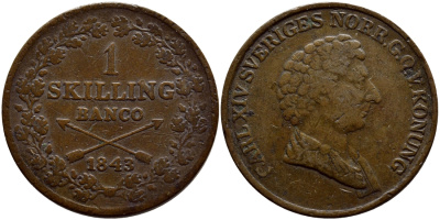 Швеция 1 скиллинг 1843 Карл XIV Юхан (1818-1844), Швеции KM 642 медь 1528-835
