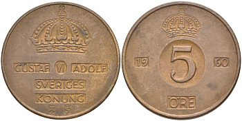 Швеция 5 эре 1960 TS, Густав VI Адольф (1950-1973) KM 822 бронза 65-834
