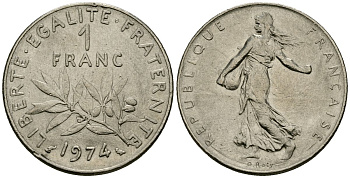 Франция 1 франк 1974 сеятель KM 925 никель 4135-843