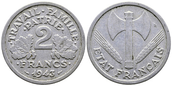 Франция 2 франка 1943 правительство Виши KM 904.1 алюминий 177-1051