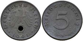Германия 5 рейхспфеннигов 1941 D J.370, KM 100 цинк    4598-1045