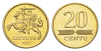 Литва 20 центов (сентов) 1997 KM 107 никель латунь UNC M83-05