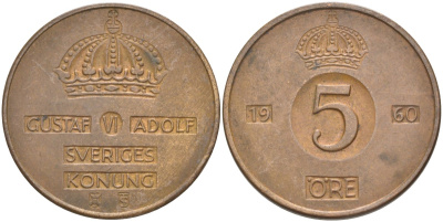 Швеция 5 эре 1960 TS, Густав VI Адольф (1950-1973) KM 822 бронза 65-834