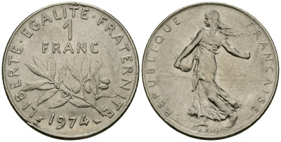 Франция 1 франк 1974 сеятель KM 925 никель 4135-843