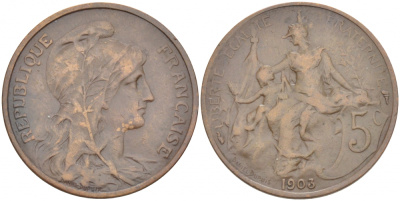 ФРАНЦИЯ 5 САНТИМОВ 1903 ТИП ДАНИЭЛЬ ДЮПЮИ KM 842, LE FRANC 119.13 бронза 77-244