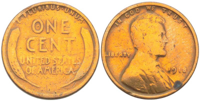 США 1 цент 1918 Авраам Линкольн, с отверстием KM 132 бронза 218-749