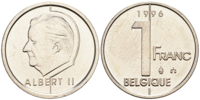 Бельгия 1 франк 1996 Belgique KM 187 железо плакированное никелем UNC 192-516