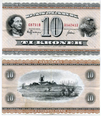 Дания 10 крон 1973 Ханс Кристиан Андерсен, ветряная мельница в Эгескове Pick 44 ag  бумага   7221-16-3-1