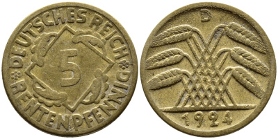 ГЕРМАНИЯ 5 РЕНТЕНПФЕННИГОВ 1924 D, KM 32, J. 308 алюминиевая бронза 4387-1146