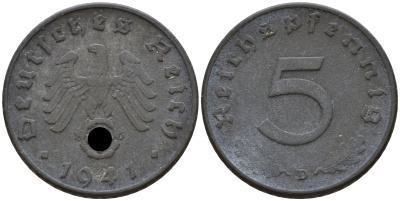 Германия 5 рейхспфеннигов 1941 D J.370, KM 100 цинк    4598-1045