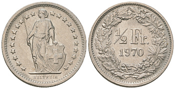 Швейцария 1/2 франка 1970 KM 23а.1 медно-никель 54-828