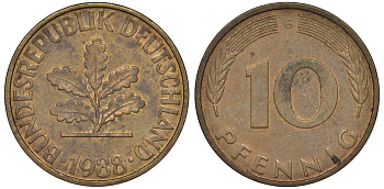 ФРГ 10 пфеннигов 1988 G KM 108, J 383 сталь плакированная латунью 25-1816