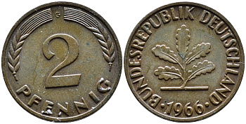ФРГ 2 пфеннига 1966 G KM106, J.381 бронза 4392-443