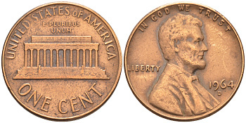 США 1 ЦЕНТ 1964 D, ЛИНКОЛЬН KM 201 медь цинк 188-256