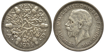 Великобритания 6 пенсов 1933 Георг V (1910-1936) KM 832, Spink 4041 серебро 4538-347