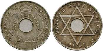 Британская Западная Африка 1/2 пенни 1947 KN, Георг VI KM 18 медно-никель 25-1034