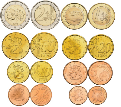 Финляндия евронабор из 8 монет 2000-2003 в капсулах UNC 1-5-2-28