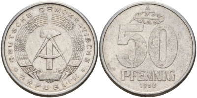 ГДР 50 пфеннигов 1958 A KM 12.1 алюминий 110-313