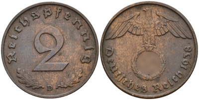 Германия 2 рейхспфеннига 1938 D KM 90, J. 362 бронза 4151-113