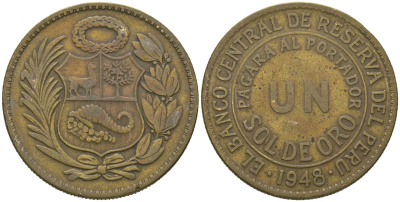 Перу 1 соль 1948 KM 222 латунь 4117-1244