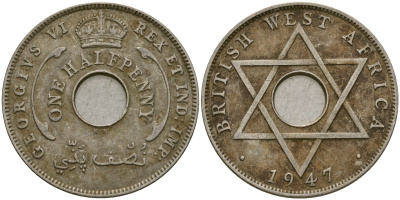 Британская Западная Африка 1/2 пенни 1947 KN, Георг VI KM 18 медно-никель 25-1034