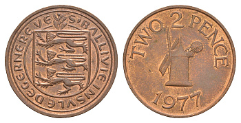 Гернси 2 пенса 1977 Елизавета II (1952-2022), ветряная мельница KM 28 бронза 4656-1054