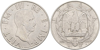 ИТАЛИЯ 2 ЛИРЫ 1939 R, ГОД XVIII, ВИКТОР ЭММАНУИЛ III (1900-1946), немагнитная, ГУРТ РИФЛЁНЫЙ KM78a, VEM3. 1153 a) нержавеющая сталь 3855-233