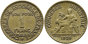 ФРАНЦИЯ 1 ФРАНК 1926 РЕДКИЙ ГОД KM 876 алюминиевая бронза 4393-1055