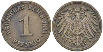ГЕРМАНИЯ 1 ПФЕННИГ 1894 F KM 10, Jager. 10, Weege 2 медь 4528-1133