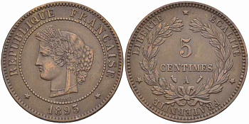 ФРАНЦИЯ 5 САНТИМОВ 1893 А, ТРЕТЬЯ РЕСПУБЛИКА (1871-1940) KM 821.1, LE FRANC 118.36 бронза 108-642