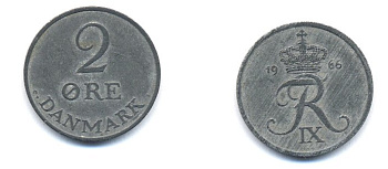 ДАНИЯ 2 ЭРЕ 1966 C; S, ФРЕДЕРИК IX (1947-1972) KM 840.2 цинк 23-1112