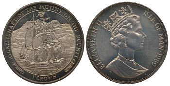 ОСТРОВ МЭН 1 КРОНА 1989 200 ЛЕТ МЯТЕЖУ НА ПАРУСНИКЕ БАУНТИ, ПАРУСНИК НА ФОНЕ СКАЛ KM 241 медно-никель UNC 1078-2-53