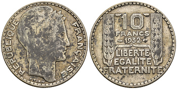 Франция 10 франков 1932 Пьер Тюрен KM 878, Le Franc 360.5 серебро 85-1145