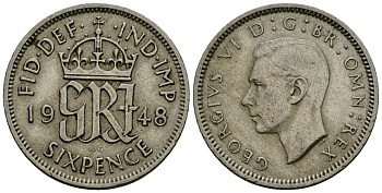 Великобритания 6 пенсов 1948 Георг VI (1936-1952) KM 862, Spink 4105 медно-никель 4174-222