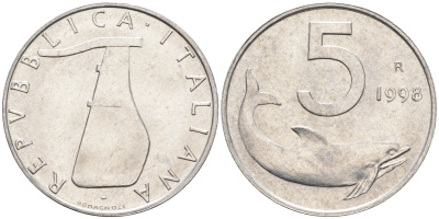 Италия 5 лир 1998 R, дельфин KM 92 алюминий  UNC  4594-1024