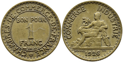 ФРАНЦИЯ 1 ФРАНК 1926 РЕДКИЙ ГОД KM 876 алюминиевая бронза 4393-1055