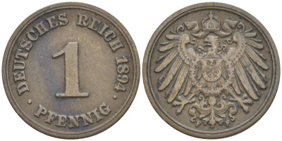 ГЕРМАНИЯ 1 ПФЕННИГ 1894 F KM 10, Jager. 10, Weege 2 медь 4528-1133