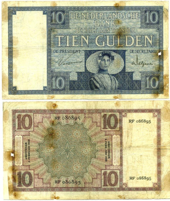 НИДЕРЛАНДЫ 10 ГУЛЬДЕНОВ 1929 Pick 43b бумага 7523-38-2